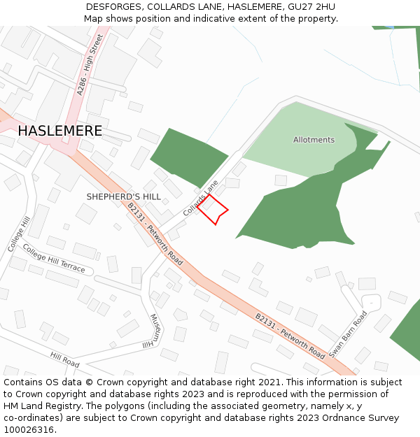 DESFORGES, COLLARDS LANE, HASLEMERE, GU27 2HU: Location map and indicative extent of plot