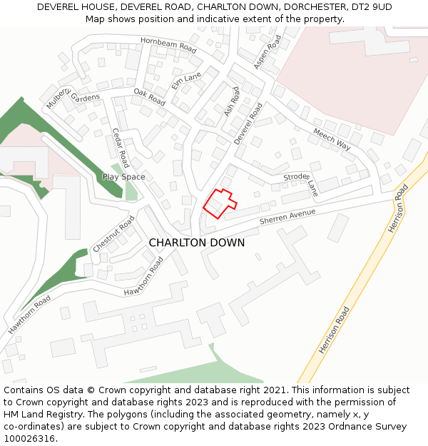 DEVEREL HOUSE, DEVEREL ROAD, CHARLTON DOWN, DORCHESTER, DT2 9UD: Location map and indicative extent of plot