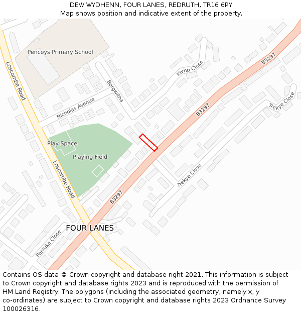 DEW WYDHENN, FOUR LANES, REDRUTH, TR16 6PY: Location map and indicative extent of plot