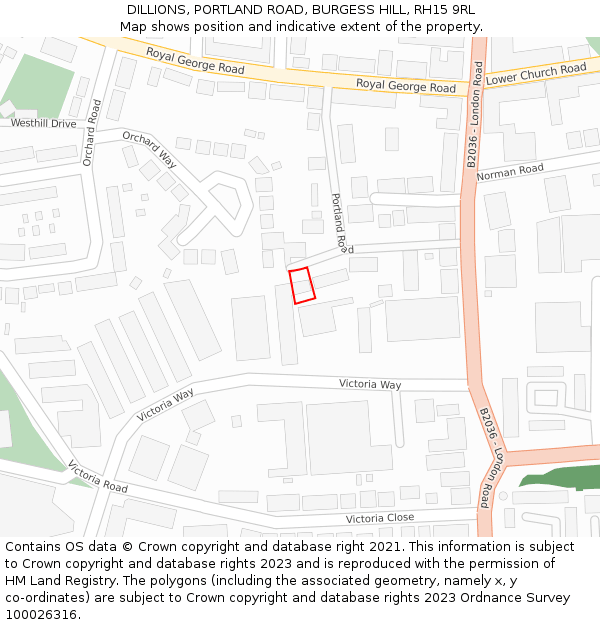 DILLIONS, PORTLAND ROAD, BURGESS HILL, RH15 9RL: Location map and indicative extent of plot