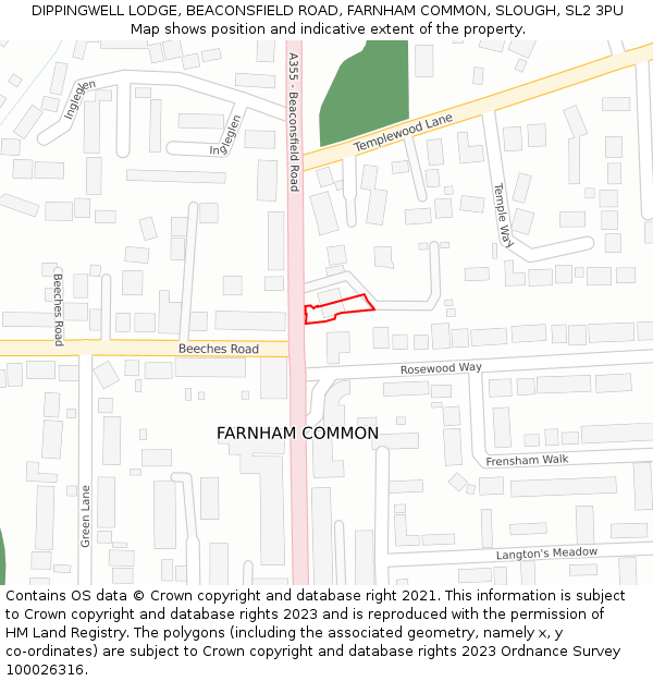 DIPPINGWELL LODGE, BEACONSFIELD ROAD, FARNHAM COMMON, SLOUGH, SL2 3PU: Location map and indicative extent of plot