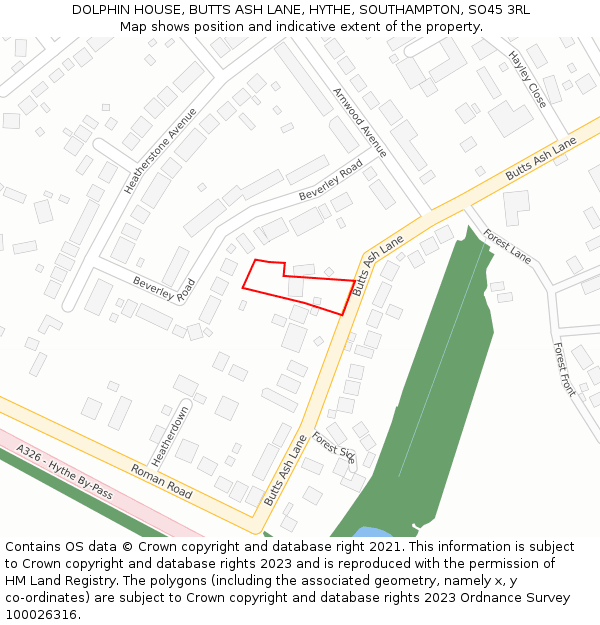 DOLPHIN HOUSE, BUTTS ASH LANE, HYTHE, SOUTHAMPTON, SO45 3RL: Location map and indicative extent of plot