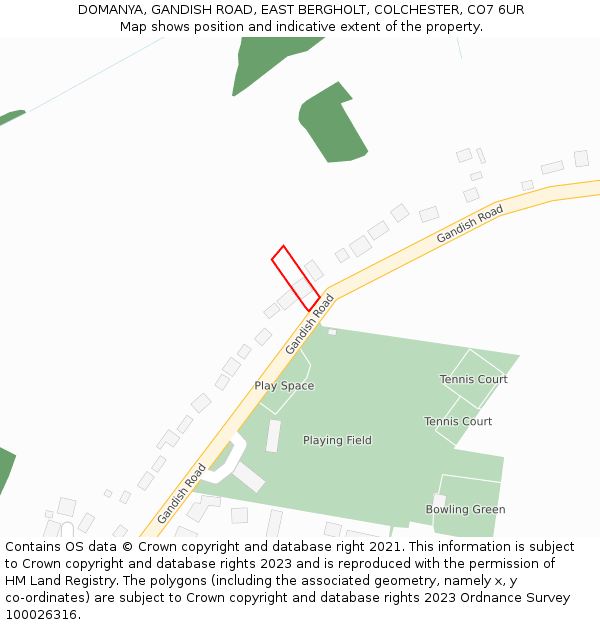 DOMANYA, GANDISH ROAD, EAST BERGHOLT, COLCHESTER, CO7 6UR: Location map and indicative extent of plot