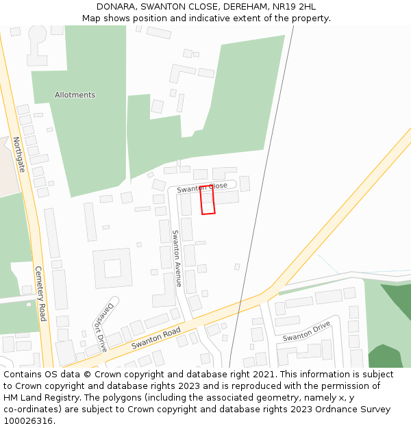 DONARA, SWANTON CLOSE, DEREHAM, NR19 2HL: Location map and indicative extent of plot