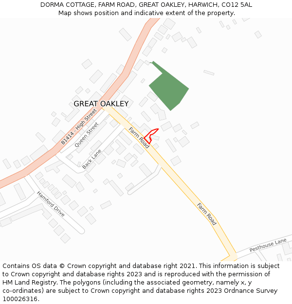 DORMA COTTAGE, FARM ROAD, GREAT OAKLEY, HARWICH, CO12 5AL: Location map and indicative extent of plot