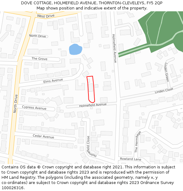 DOVE COTTAGE, HOLMEFIELD AVENUE, THORNTON-CLEVELEYS, FY5 2QP: Location map and indicative extent of plot