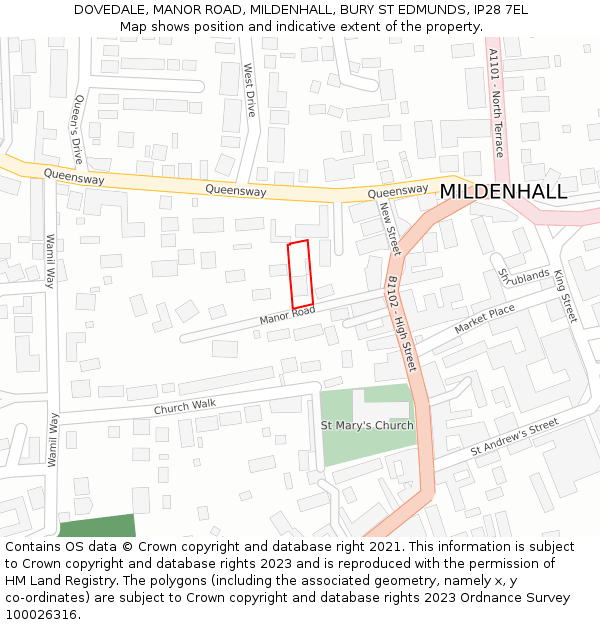 DOVEDALE, MANOR ROAD, MILDENHALL, BURY ST EDMUNDS, IP28 7EL: Location map and indicative extent of plot