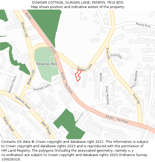 DOWGAR COTTAGE, DURGAN LANE, PENRYN, TR10 8DG: Location map and indicative extent of plot