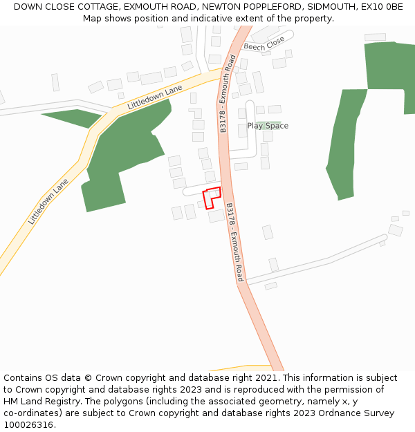 DOWN CLOSE COTTAGE, EXMOUTH ROAD, NEWTON POPPLEFORD, SIDMOUTH, EX10 0BE: Location map and indicative extent of plot