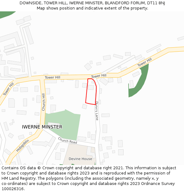 DOWNSIDE, TOWER HILL, IWERNE MINSTER, BLANDFORD FORUM, DT11 8NJ: Location map and indicative extent of plot