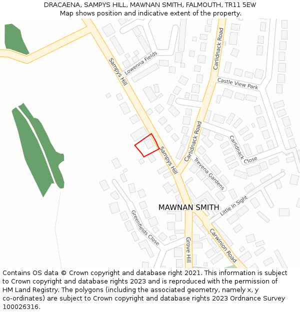 DRACAENA, SAMPYS HILL, MAWNAN SMITH, FALMOUTH, TR11 5EW: Location map and indicative extent of plot