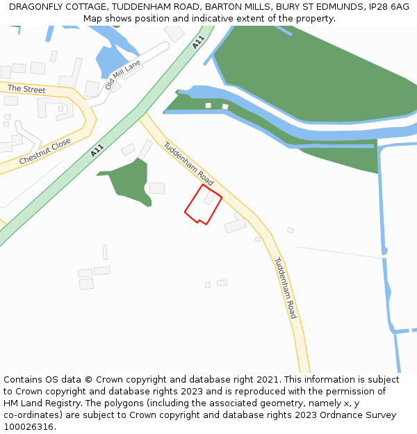 DRAGONFLY COTTAGE, TUDDENHAM ROAD, BARTON MILLS, BURY ST EDMUNDS, IP28 6AG: Location map and indicative extent of plot