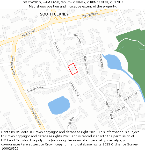 DRIFTWOOD, HAM LANE, SOUTH CERNEY, CIRENCESTER, GL7 5UF: Location map and indicative extent of plot