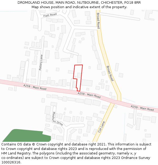 DROMOLAND HOUSE, MAIN ROAD, NUTBOURNE, CHICHESTER, PO18 8RR: Location map and indicative extent of plot