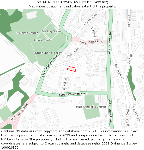 DRUMLIN, BIRCH ROAD, AMBLESIDE, LA22 0EQ: Location map and indicative extent of plot