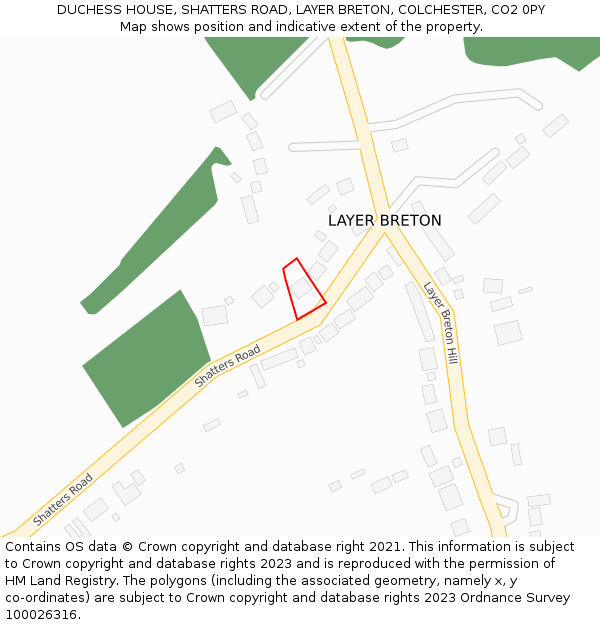 DUCHESS HOUSE, SHATTERS ROAD, LAYER BRETON, COLCHESTER, CO2 0PY: Location map and indicative extent of plot