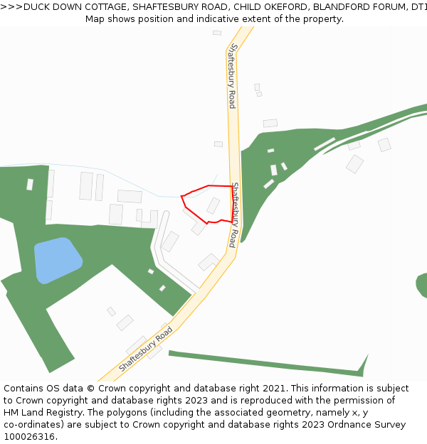 DUCK DOWN COTTAGE, SHAFTESBURY ROAD, CHILD OKEFORD, BLANDFORD FORUM, DT11 8EQ: Location map and indicative extent of plot