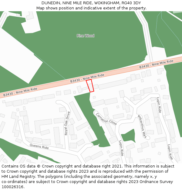 DUNEDIN, NINE MILE RIDE, WOKINGHAM, RG40 3DY: Location map and indicative extent of plot