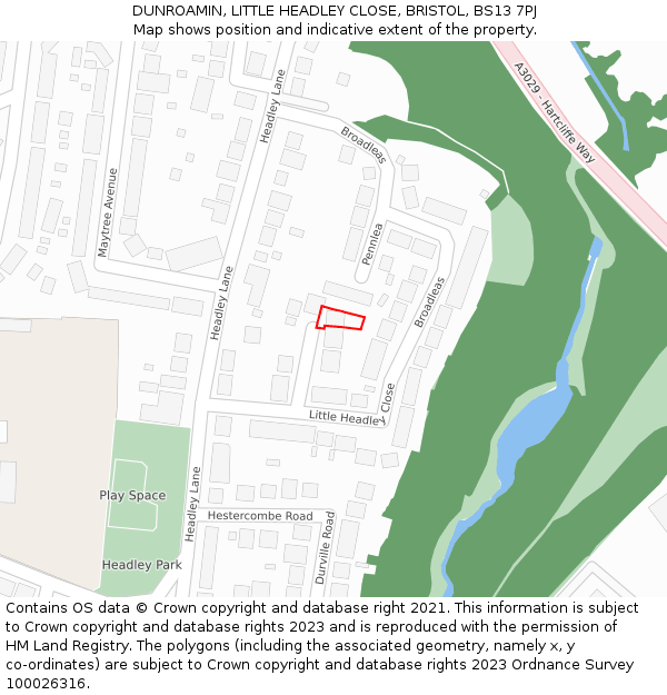DUNROAMIN, LITTLE HEADLEY CLOSE, BRISTOL, BS13 7PJ: Location map and indicative extent of plot