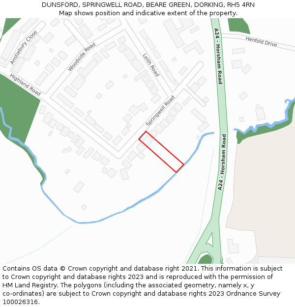 DUNSFORD, SPRINGWELL ROAD, BEARE GREEN, DORKING, RH5 4RN: Location map and indicative extent of plot