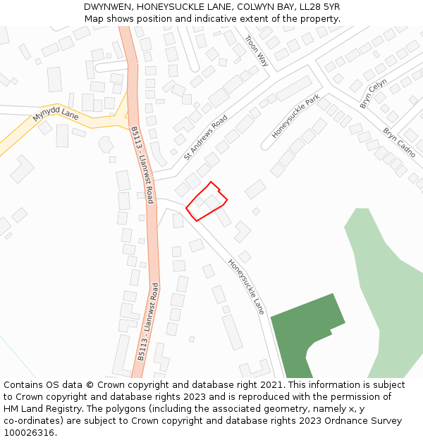 DWYNWEN, HONEYSUCKLE LANE, COLWYN BAY, LL28 5YR: Location map and indicative extent of plot