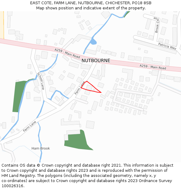 EAST COTE, FARM LANE, NUTBOURNE, CHICHESTER, PO18 8SB: Location map and indicative extent of plot