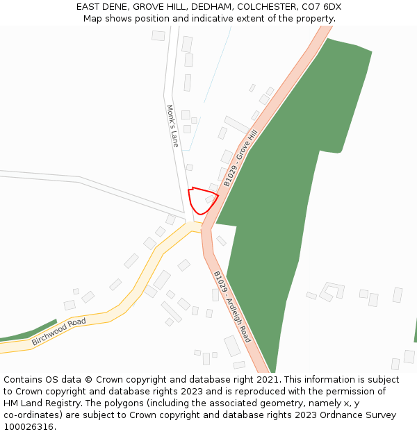 EAST DENE, GROVE HILL, DEDHAM, COLCHESTER, CO7 6DX: Location map and indicative extent of plot