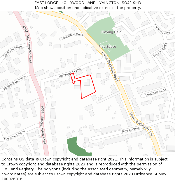 EAST LODGE, HOLLYWOOD LANE, LYMINGTON, SO41 9HD: Location map and indicative extent of plot