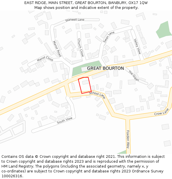 EAST RIDGE, MAIN STREET, GREAT BOURTON, BANBURY, OX17 1QW: Location map and indicative extent of plot