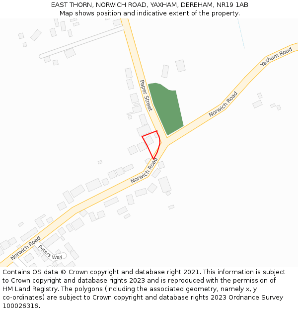 EAST THORN, NORWICH ROAD, YAXHAM, DEREHAM, NR19 1AB: Location map and indicative extent of plot