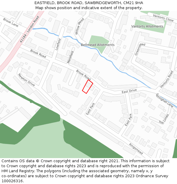 EASTFIELD, BROOK ROAD, SAWBRIDGEWORTH, CM21 9HA: Location map and indicative extent of plot