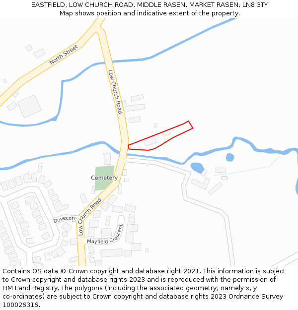 EASTFIELD, LOW CHURCH ROAD, MIDDLE RASEN, MARKET RASEN, LN8 3TY: Location map and indicative extent of plot