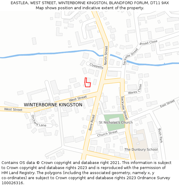 EASTLEA, WEST STREET, WINTERBORNE KINGSTON, BLANDFORD FORUM, DT11 9AX: Location map and indicative extent of plot