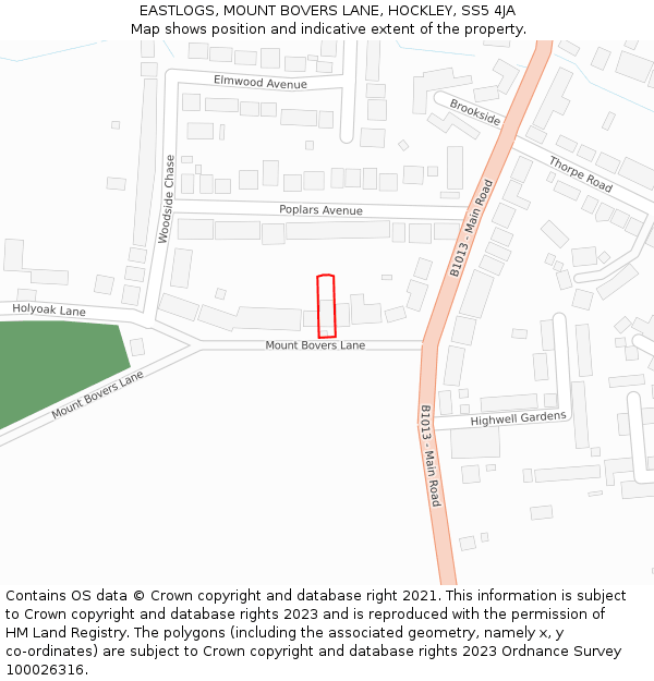 EASTLOGS, MOUNT BOVERS LANE, HOCKLEY, SS5 4JA: Location map and indicative extent of plot