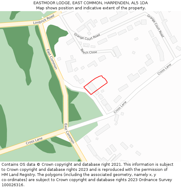 EASTMOOR LODGE, EAST COMMON, HARPENDEN, AL5 1DA: Location map and indicative extent of plot