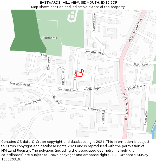 EASTWARDS, HILL VIEW, SIDMOUTH, EX10 9DF: Location map and indicative extent of plot