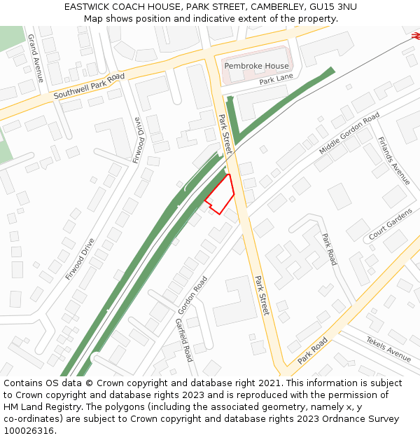 EASTWICK COACH HOUSE, PARK STREET, CAMBERLEY, GU15 3NU: Location map and indicative extent of plot