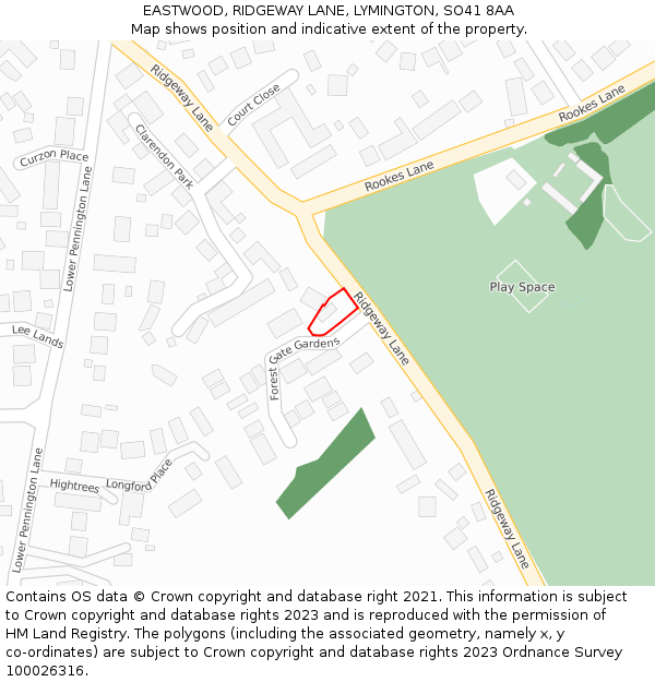 EASTWOOD, RIDGEWAY LANE, LYMINGTON, SO41 8AA: Location map and indicative extent of plot