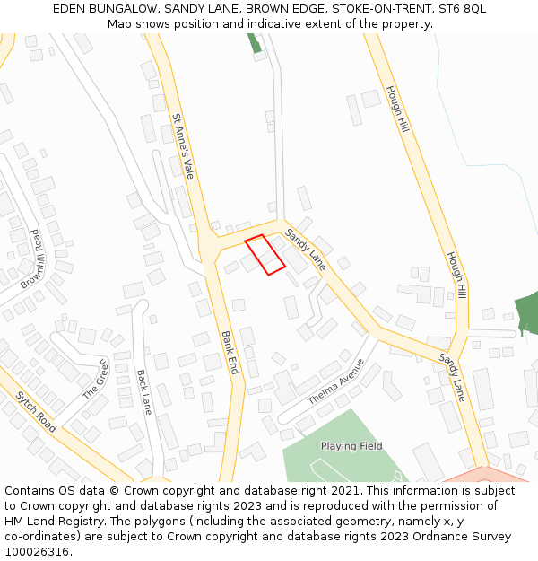 EDEN BUNGALOW, SANDY LANE, BROWN EDGE, STOKE-ON-TRENT, ST6 8QL: Location map and indicative extent of plot