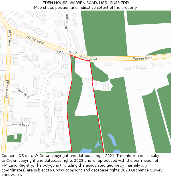 EDEN HOUSE, WARREN ROAD, LISS, GU33 7DD: Location map and indicative extent of plot