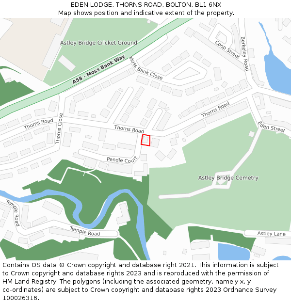 EDEN LODGE, THORNS ROAD, BOLTON, BL1 6NX: Location map and indicative extent of plot