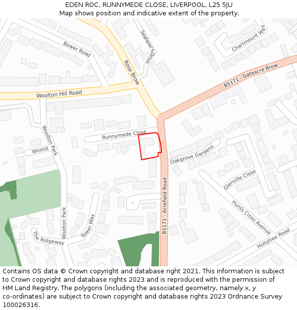 EDEN ROC, RUNNYMEDE CLOSE, LIVERPOOL, L25 5JU: Location map and indicative extent of plot