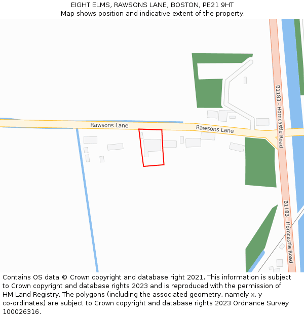 EIGHT ELMS, RAWSONS LANE, BOSTON, PE21 9HT: Location map and indicative extent of plot