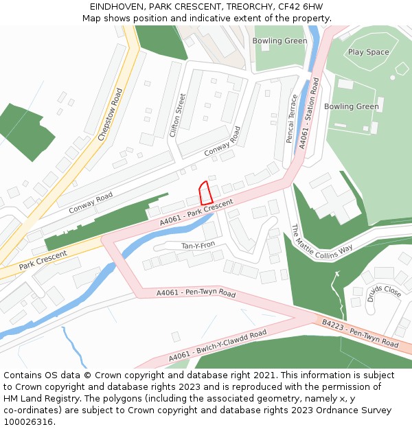 EINDHOVEN, PARK CRESCENT, TREORCHY, CF42 6HW: Location map and indicative extent of plot
