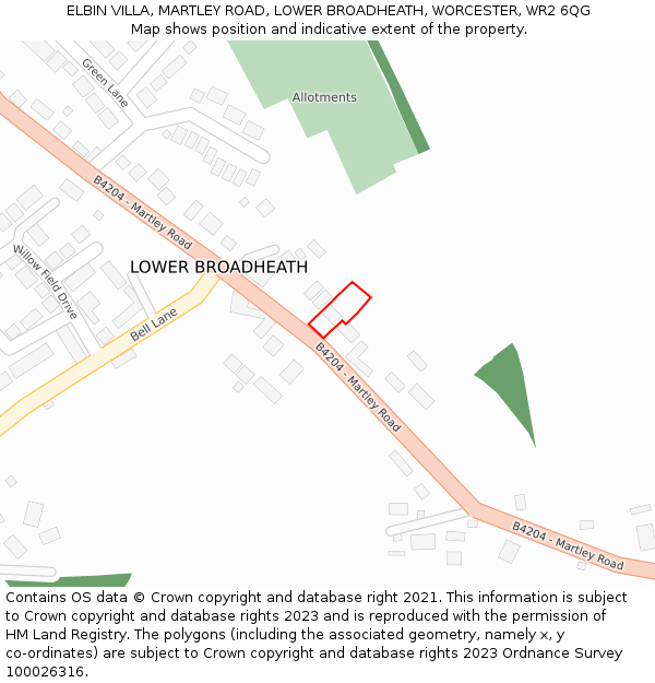 ELBIN VILLA, MARTLEY ROAD, LOWER BROADHEATH, WORCESTER, WR2 6QG: Location map and indicative extent of plot