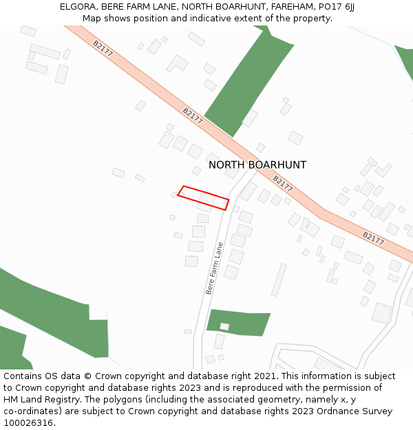 ELGORA, BERE FARM LANE, NORTH BOARHUNT, FAREHAM, PO17 6JJ: Location map and indicative extent of plot