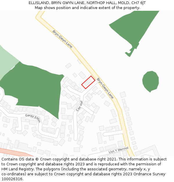 ELLISLAND, BRYN GWYN LANE, NORTHOP HALL, MOLD, CH7 6JT: Location map and indicative extent of plot