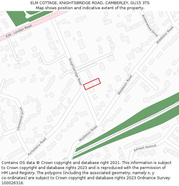 ELM COTTAGE, KNIGHTSBRIDGE ROAD, CAMBERLEY, GU15 3TS: Location map and indicative extent of plot