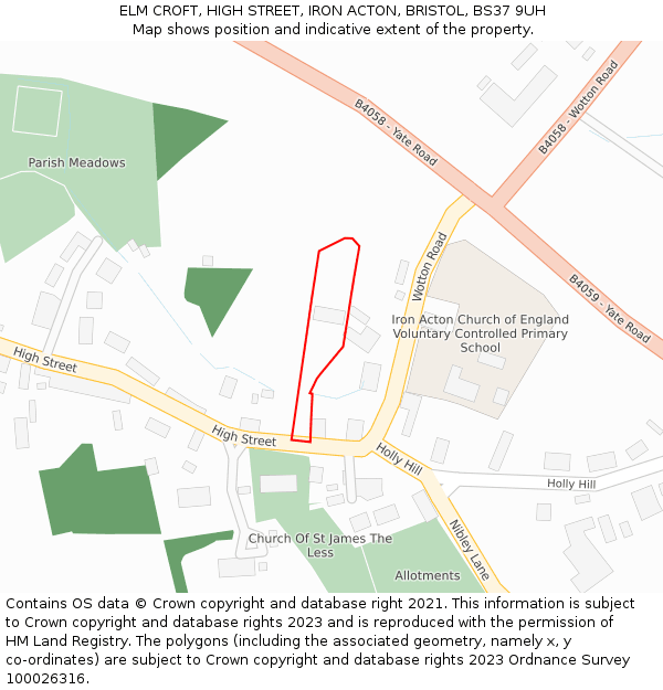 ELM CROFT, HIGH STREET, IRON ACTON, BRISTOL, BS37 9UH: Location map and indicative extent of plot