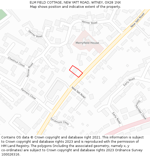 ELM FIELD COTTAGE, NEW YATT ROAD, WITNEY, OX28 1NX: Location map and indicative extent of plot